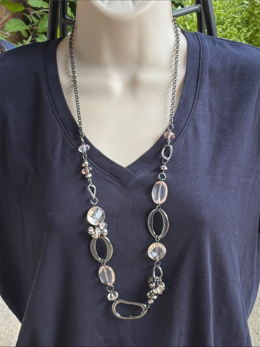🍀3 for $25🍀 Mexx long vintage gun metal tone necklace with clear beads